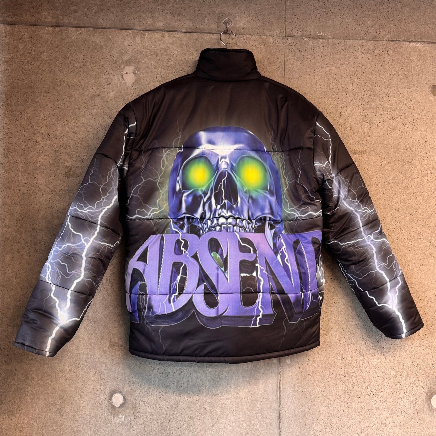 Absent x Half Evil Puffer Jacket Size Medium Graphic Skull Print Oversized