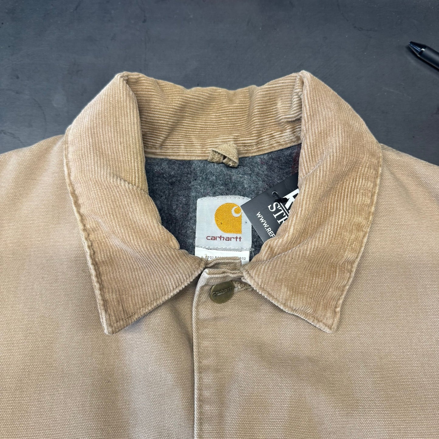 Vintage Y2K Carhartt Chore Coat Canvas Jacket Cream Tan USA Made Blanket Lined