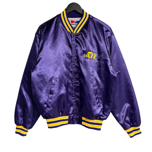 Vintage 1980s Utah Jazz Satin Bomber Jacket NBA Embroidered Large Basketball