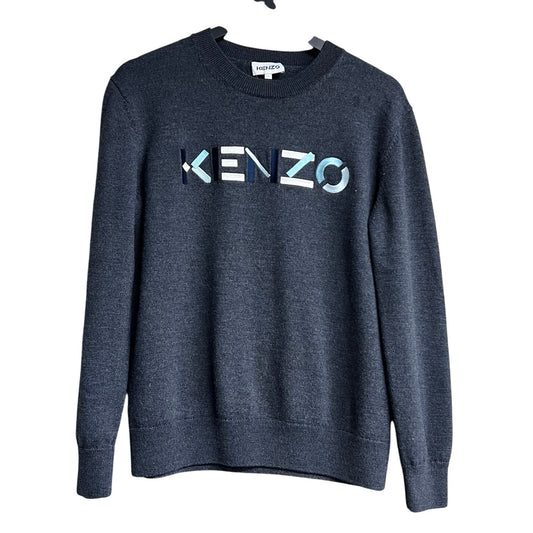 Kenzo Multicolor Classic Logo Sweater Gray 100% Wool Fits Medium