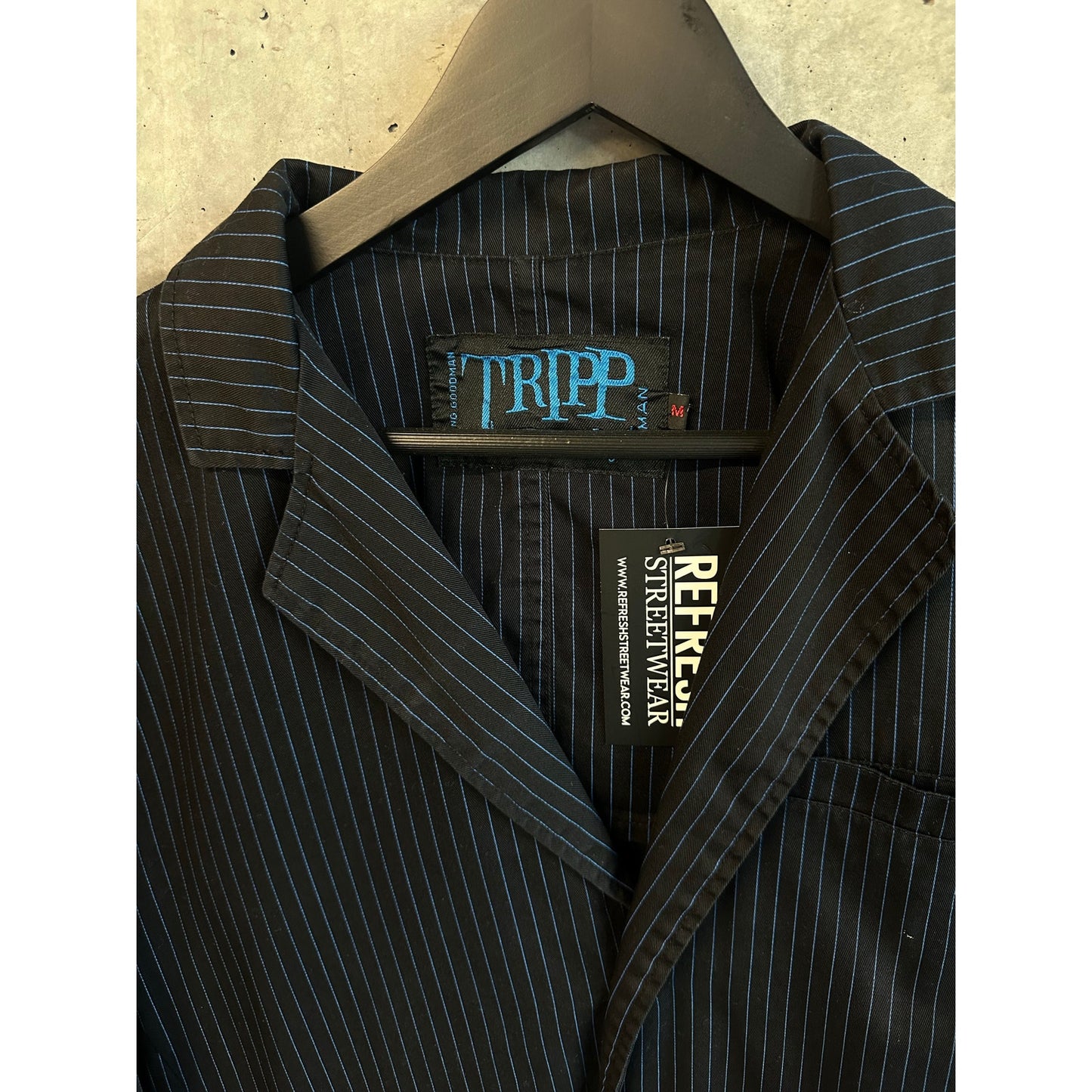 Tripp NYC Y2K Men’s M Pinstriped Black 3-Button Blazer Jacket Goth Emo Coatagin