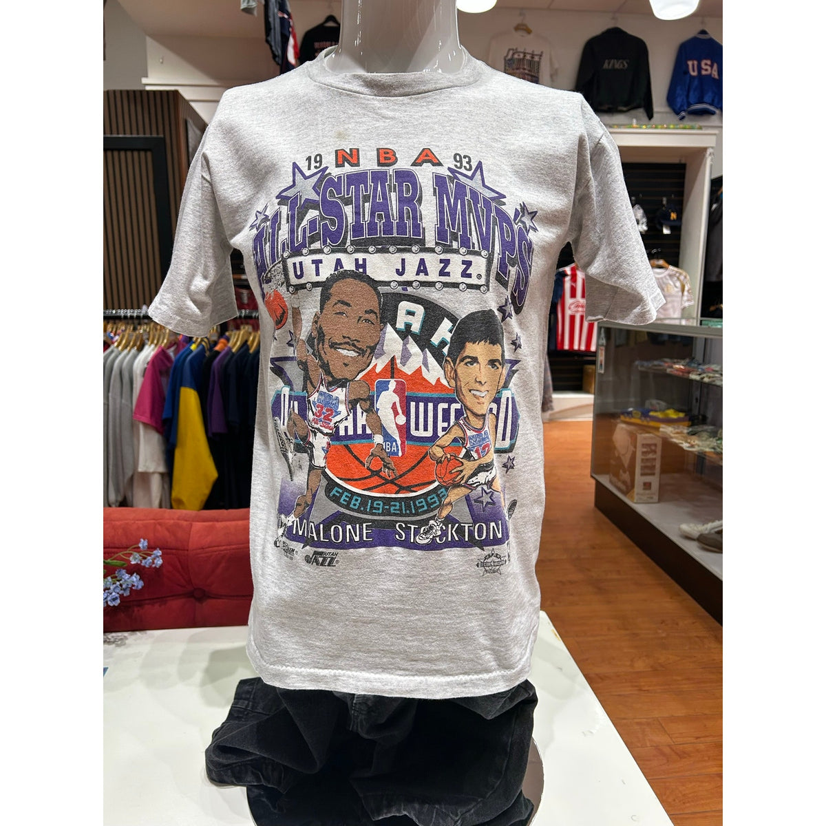 1993 All Star MVP Utah Jazz Carl Malone & John Stockton Vintage Single Stitch Shirt Size Medium